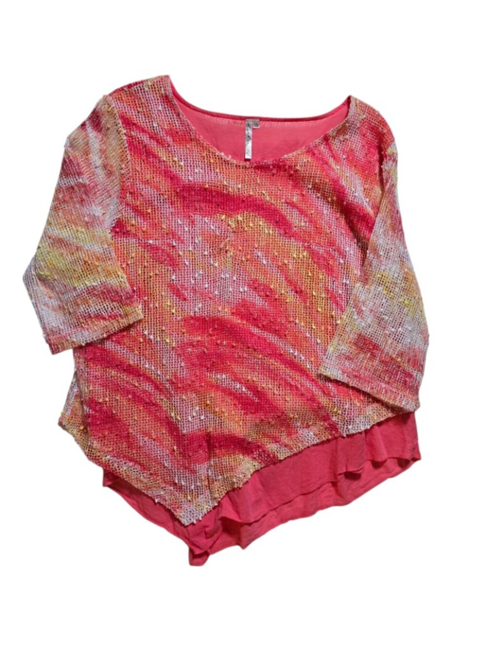 Lulu B 1X Coral Abstract Mesh Layered Asymmetrical Tunic Top Plus Size